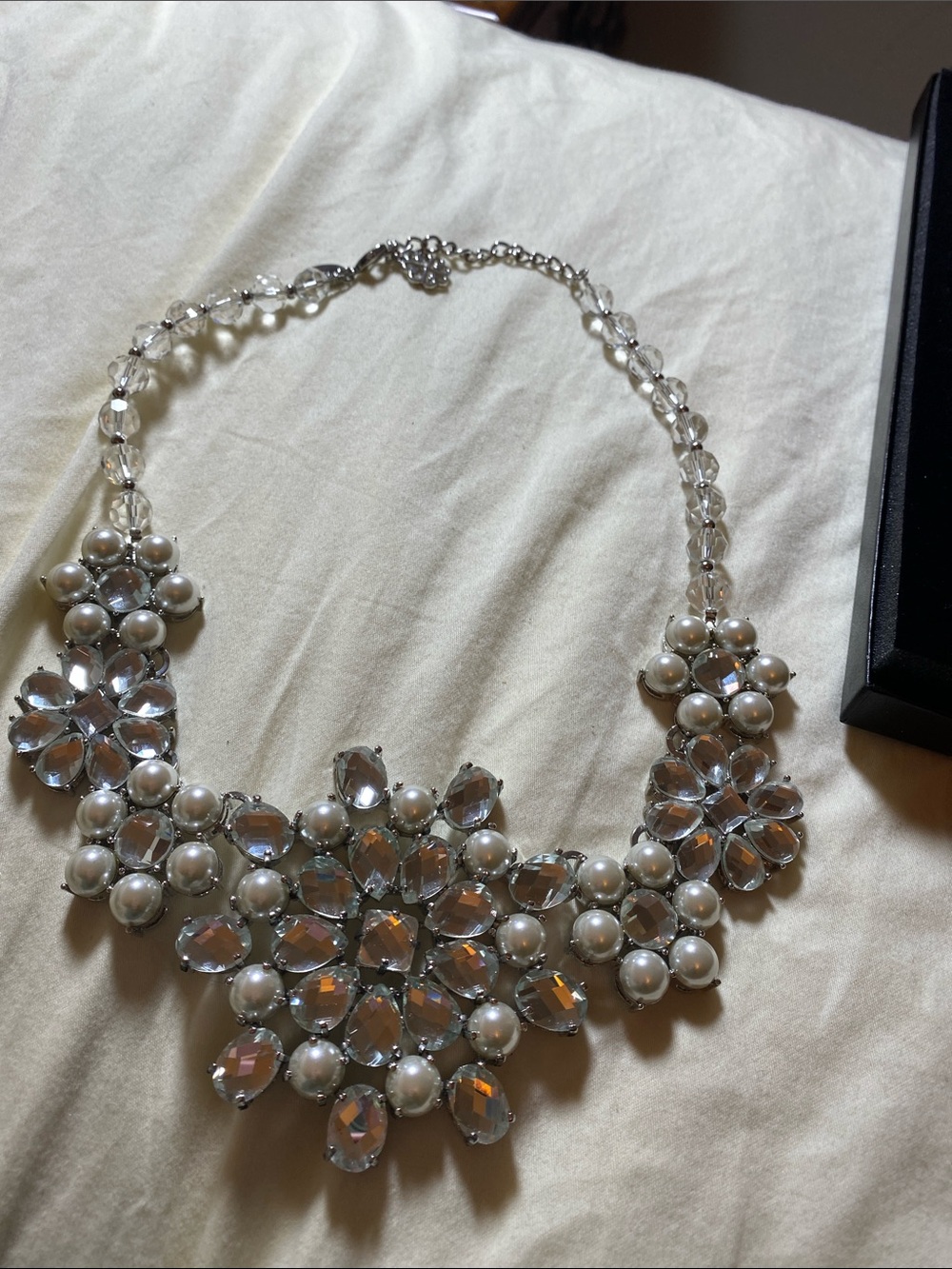 Valeska Statement Pearl & Crystal Bib Necklace - Silver/White NRFB